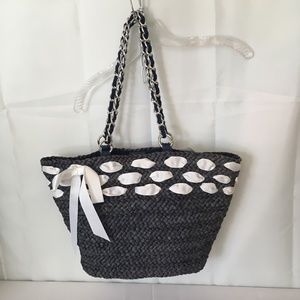 Navy Blue Straw Bucket Bag Woven White Ribbon Drop Silver Tone Handles Vegan NWT